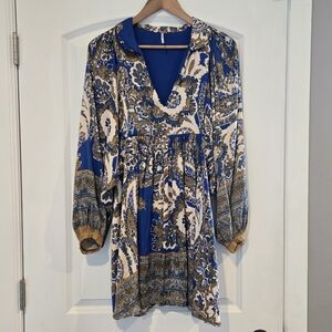 Free People Say You Love Me Boho Paisley Mini Dress Blue Gold Size Medium